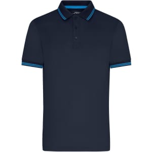 A navy blue polo shirt featuring contrasting blue stripes on the collar and sleeves. It has a logo on the chest.