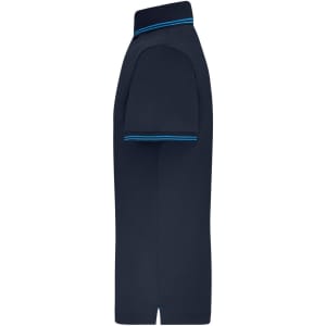 A navy blue men's functional polo shirt with contrasting blue detailing, featuring short sleeves and a collar.
