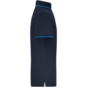 A navy polo shirt is displayed from the side, featuring short sleeves and contrasting blue trim on the collar.