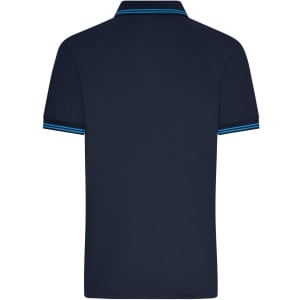 A navy blue men's polo shirt with contrasting stripes on the collar and sleeves. Features a logo on the chest.