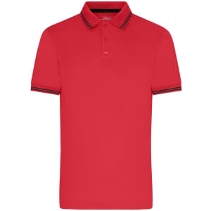 A red polo shirt featuring a collar with contrasting stripes and a logo on the chest.