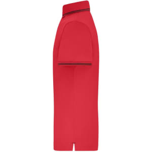 A red men's functional polo shirt featuring a collar and contrasting stripes. It has a logo on the chest.