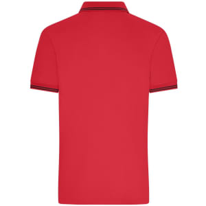 A red men's polo shirt featuring a classic collar and contrasting stripes. It includes a logo on the front.