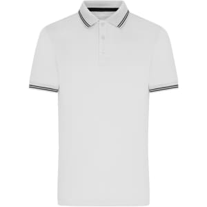 A men's functional polo shirt in white with contrasting stripe detailing on the collar and sleeves. Features a logo.