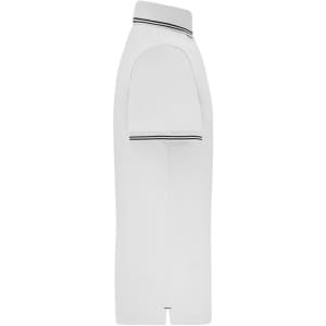 A white men's functional polo shirt with contrasting striped detailing on the collar. It features short sleeves and a logo.