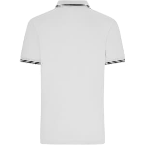 A men's functional polo shirt in white with black striped detailing on the collar and sleeves, featuring a logo.