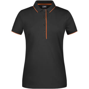 A black women's polo shirt with orange trim and a collar, featuring a button placket and logo branding.