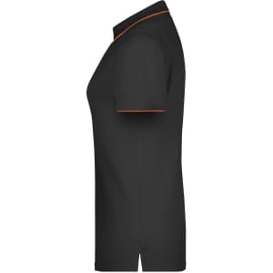 A black ladies' polo shirt with orange trim, featuring a classic collar and short sleeves. It has a logo.