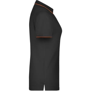 A black polo shirt with orange piping along the collar and sleeves. It features a logo on the front.