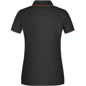 A black ladies' polo shirt with contrasting orange detailing on the collar and sleeves. It features a logo on the front.