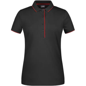 A black polo shirt with red trim, featuring a collar and three-button placket. It has a logo on the chest.