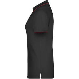 A women's polo shirt in black with red trim, featuring a classic collar and short sleeves. It has a logo.
