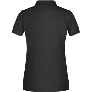A black polo shirt with red trim, featuring a collar and short sleeves. It has a logo on the garment.