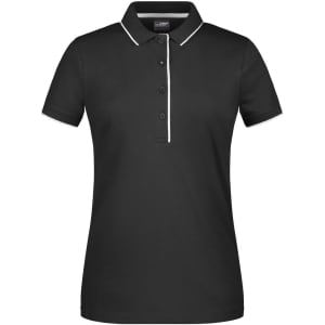 A black ladies polo shirt with a contrasting white collar and placket, featuring a logo on the fabric.