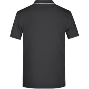 A black polo shirt with white stripe detailing along the collar and sleeves, featuring a logo.