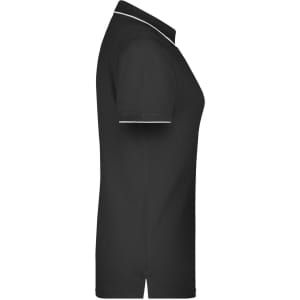 A black polo shirt with a fitted design and contrasting white trim along the collar. The shirt features a logo.