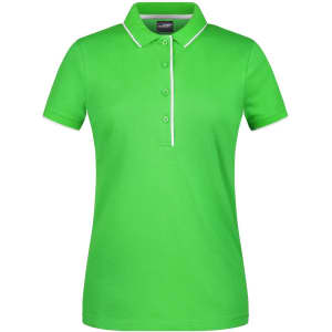 A vibrant green ladies' polo shirt with a collar, featuring a contrasting white trim and button detailing.