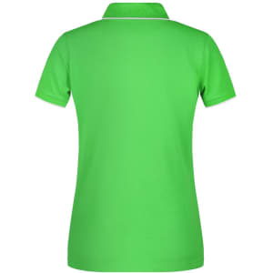 A bright green women's polo shirt featuring a collared neckline and a simple design, with a logo present.