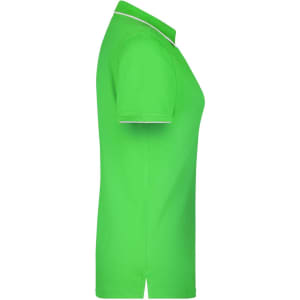 A green polo shirt featuring a striped design with a collar and short sleeves, includes a logo.