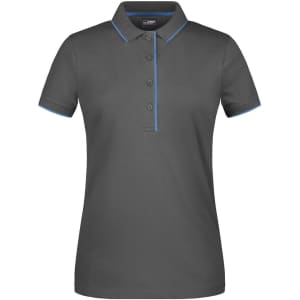 A grey ladies polo shirt featuring blue trim and a collar, with buttons down the front. It includes branding on the label.