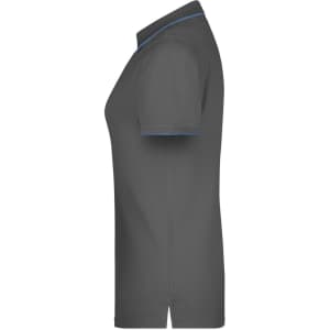 A grey polo shirt with a blue collar and trim, featuring a side view and a branding logo.