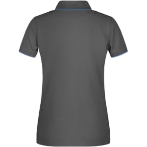 A grey ladies polo shirt featuring a collar and blue trim, with a logo on the back.