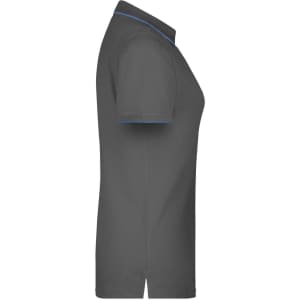 A grey ladies' polo shirt with short sleeves and blue detailing, featuring a logo.