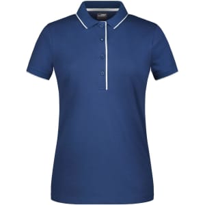 A navy blue ladies polo shirt with a white trim and three buttons. The shirt features a logo.