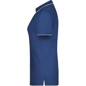 A navy ladies' polo shirt with a classic design and white trim, featuring a logo on the chest.