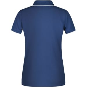 A navy blue ladies polo shirt featuring a white trim and a logo on the back.