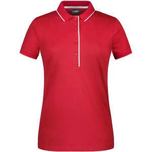 A red ladies polo shirt with a white collar and button detail, featuring a logo.