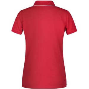A red polo shirt with a collar and short sleeves, featuring a simple design and a logo.
