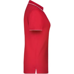 A red polo shirt with a slim fit and contrasting white collar and sleeve trim. It features a brand logo.