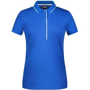 A blue ladies' polo shirt with a collar, featuring button detailing and a decorative white trim.