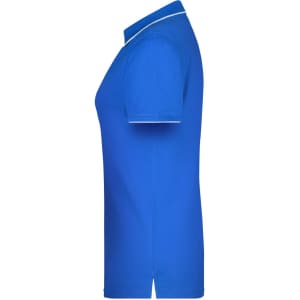 A blue ladies polo shirt with short sleeves and a contrasting trim. The shirt has a logo on the front.