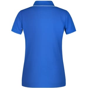 A blue women's polo shirt featuring a classic design and a logo on the back.