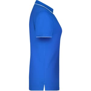 A blue polo shirt with short sleeves, featuring a contrasting trim and a logo.
