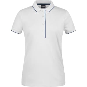 A white ladies polo shirt with navy blue trim and a classic collar. Features a logo on the left side.