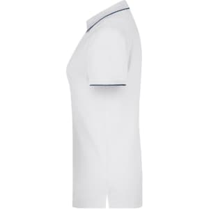 A white polo shirt featuring a navy striped collar, with a logo present.