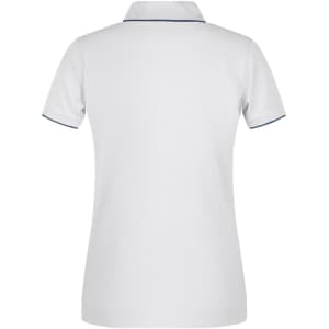 A white polo shirt with contrasting trim, featuring a collar and short sleeves. It has a logo on the upper back.