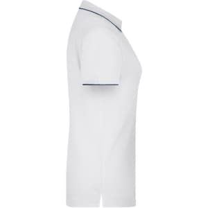 A white polo shirt with navy stripes along the collar and sleeves, featuring a logo.