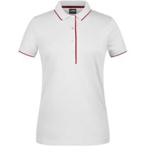 A white polo shirt with red stripe detailing and a classic collar, featuring a logo on the chest area.