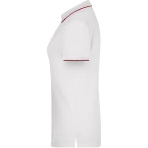 A white polo shirt with red stripes along the collar and sleeves. The shirt features a branded logo.