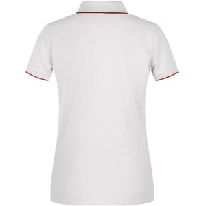 A white polo shirt with a contrasting red collar, featuring a logo on the chest.