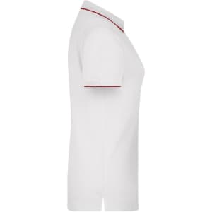 A white polo shirt with red trim, featuring a collar and a side view. It includes a logo on the chest.