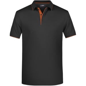 A black polo shirt with orange accents and a three-button placket. Features a logo on the chest.