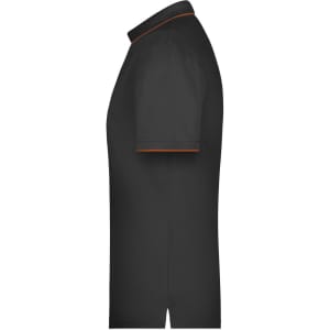 A black men's polo shirt with an orange trim, featuring a side view and a logo on the chest.