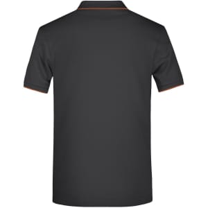 A black polo shirt with contrasting orange trim and a logo on the collar. The back view is displayed.