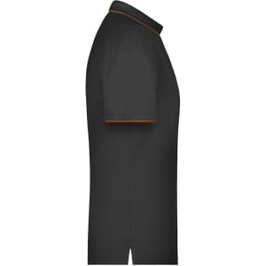 A black polo shirt with short sleeves and an orange trim, featuring a logo.