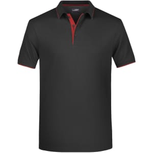 A black polo shirt with red accents and a collar, featuring buttons and a branding logo.